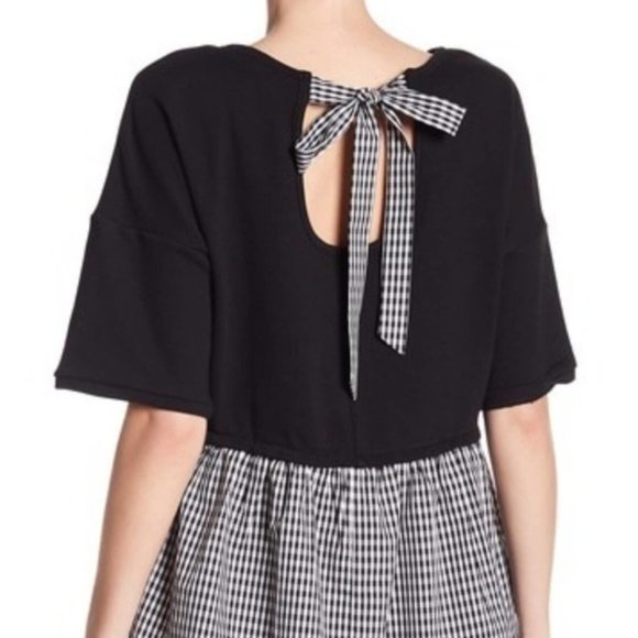 DR2 Gingham Twofer Plaid Tie Back French Terry Top - Picture 2 of 4